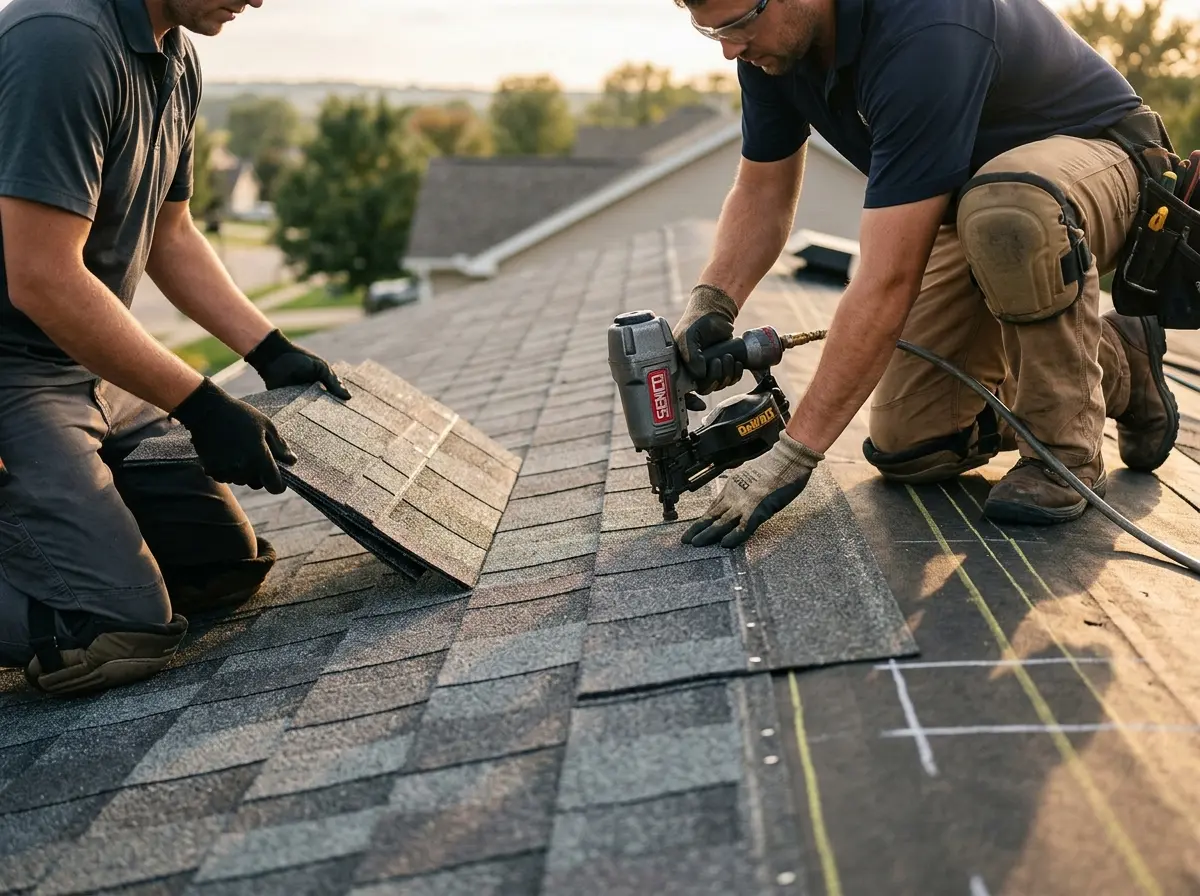 Professional roofer working on a residential roof in Gorham